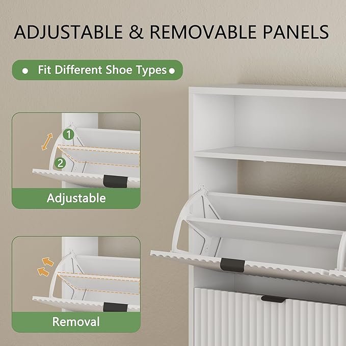 Xixini Shoe Cabinet with 4 Flip Drawers, 46" Tall Narrow Fluted Shoe Storage Organizer for Entryway, Hidden Slim Wooden Shoe Rack Cabinet for Front Door Entrance, Hallway, Living Room, Solid White