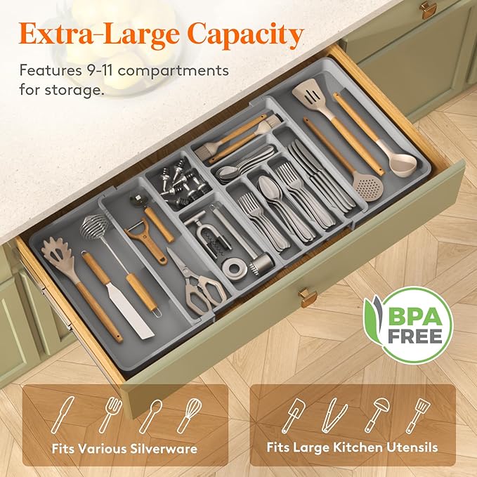 Lifewit Utensil Organizer for Kitchen Drawer, Expandable Cooking Silverware Tray, Adjustable Cutlery Flatware Holder, Plastic Spatula Tools Storage Divider, 21.3- 36 x 16.9", Gray