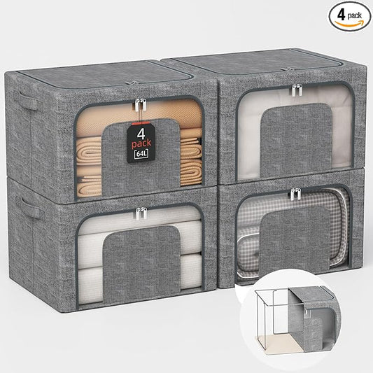 64L Large Stackable Storage Bins with Metal Frame (4 Pack), Foldable Fabric Clothes Organizer with 2 Clear Windows & Reinforced Handles, Dual-Opening Storage Containers for Closet, Underbed, Grey
