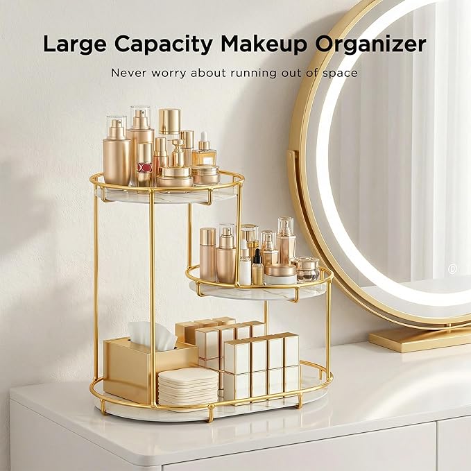HBlife Makeup Organizer for Vanity, 3 Tier Metal Bathroom Countertop Organizers Skin Care Storage, Bathroom Counter Shelf Skincare Holder Perfume Cosmetic Display, Gold