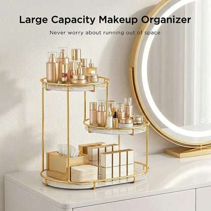 HBlife Makeup Organizer for Vanity, 3 Tier Metal Bathroom Countertop Organizers Skin Care Storage, Bathroom Counter Shelf Skincare Holder Perfume Cosmetic Display, Gold