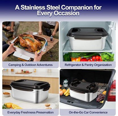QCQHDU Stainless Steel Food Storage Containers, 7500 ML/ 254 oz / 32 Cup Large Food Storage Meal Prep Containers with Airtight Lids for Roasting Turkey, Chicken, Baking Casserole, Fruits, Party