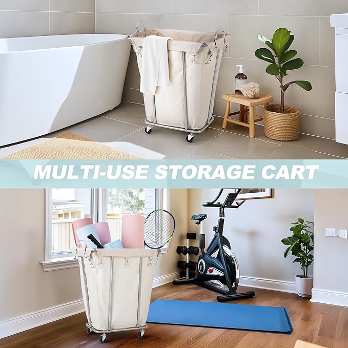 PLKOW Laundry Basket with Wheels 120L Heavy-Duty Laundry Cart with Removable Waterproof Bag, Metal Frame Clothes Basket with Lockable Casters for Home, Laundry Room, Hotel, Beige