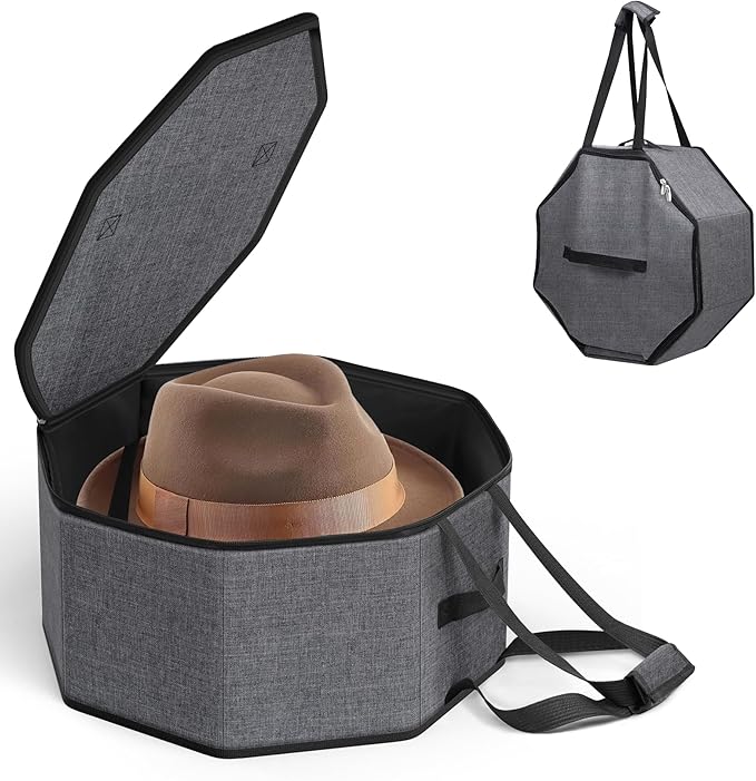 SLEEPING LAMB Hat Box for Travel and Storage, Collapsible Cap Case for Mens Fedora Organizer, Hat Storage Box for Men and Women for Closet, Cap Carrier with Handles, Grey