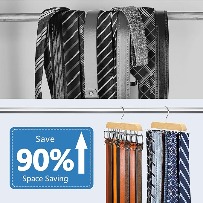 Tie Rack & Belt Hanger 2 in 1 Tie Hanger Space Saving Max 42 Belts& 60 Ties Capacity for Closet Organizers and Storage, Sturdy Wood Belt & Tie Collection Organizer(Wood, 2Pack)