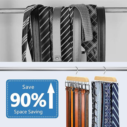 Tie Rack & Belt Hanger 2 in 1 Tie Hanger Space Saving Max 42 Belts& 60 Ties Capacity for Closet Organizers and Storage, Sturdy Wood Belt & Tie Collection Organizer(Wood, 2Pack)