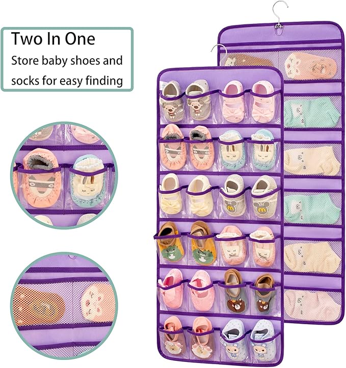 Dual-sided Hanging Baby Shoes Organizer Closet Toddler Shoe Storage Holder for Kids Bow Socks Underwear (PURPLE)