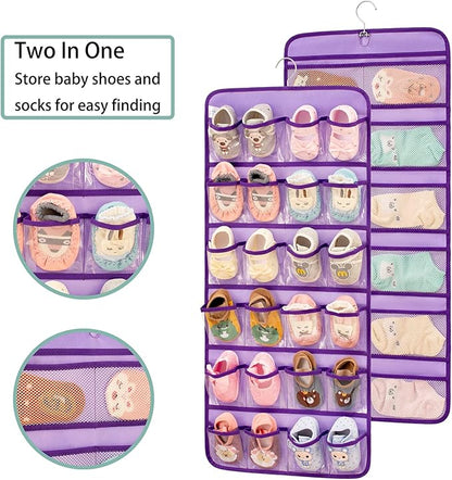 Dual-sided Hanging Baby Shoes Organizer Closet Toddler Shoe Storage Holder for Kids Bow Socks Underwear (PURPLE)