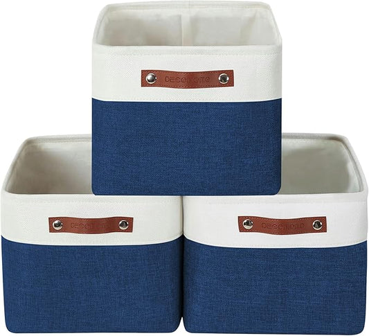 DECOMOMO Storage Bins, Extra Large Fabric Storage Baskets for Shelves, Decorative Linen Closet Organizer, 15.8 x 12.5 x 10 inches (Navy Blue & White, 3 Pack)