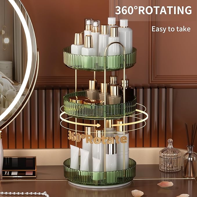 YCIA&DONE 360 Rotating Makeup Organizer and Storage for Vanity Countertop 3 Tiers, High Capacity Cosmetic Skincare Perfume Organizers for Dresser Bathroom Lazy Susan (Vintage Green)