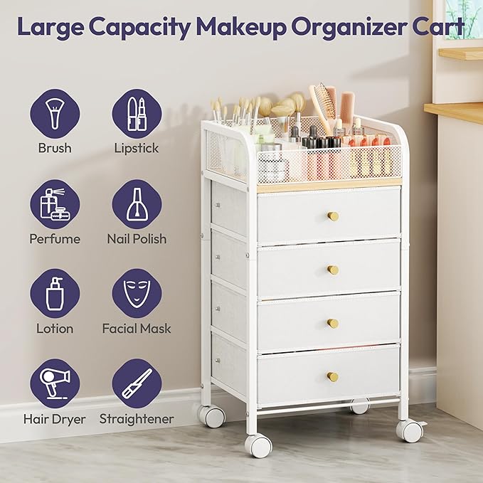SWTYMIKI Rolling Makeup Organizer Cart - 14.96″*11.81″*27.55″ Widened Under Desk Vanity Storage with 4 Non-woven Drawers, Cosmetic Display Cases for Skin Care Perfume Nail Polish Brush Hair Tool White