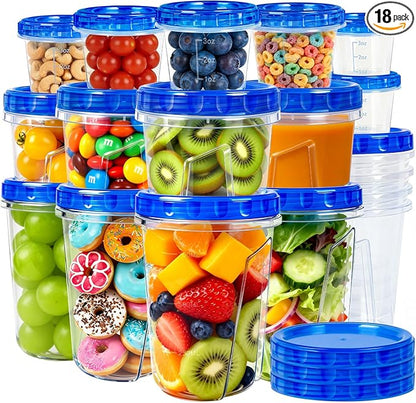18 Pack Reusable Freezer Storage Containers with Twist Top Lids Airtight(34oz/17oz/4oz), Plastic Food Storage Containers with Lids for Meal Prep Soup Snack Fruit, Soup Container Freezer Microwave Safe