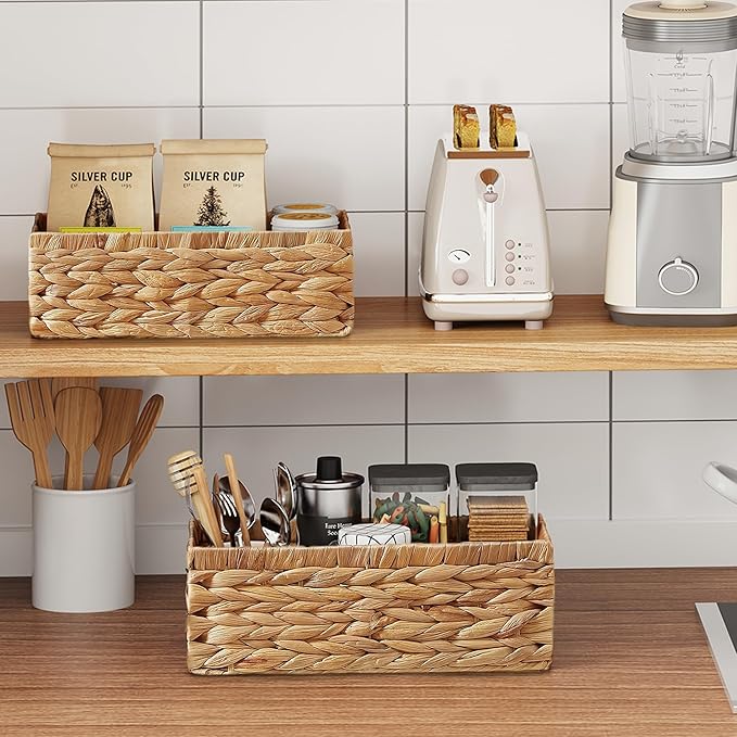 Vagusicc Wicker Storage Basket, Set of 2 Hand-Woven Water Hyacinth Wicker Baskets for Organizing Decor Storage Bins for Counter Shelves Pantry Basket Small Toilet Paper Basket for Toilet Tank Top