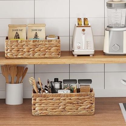 Vagusicc Wicker Storage Basket, Set of 2 Hand-Woven Water Hyacinth Wicker Baskets for Organizing Decor Storage Bins for Counter Shelves Pantry Basket Small Toilet Paper Basket for Toilet Tank Top