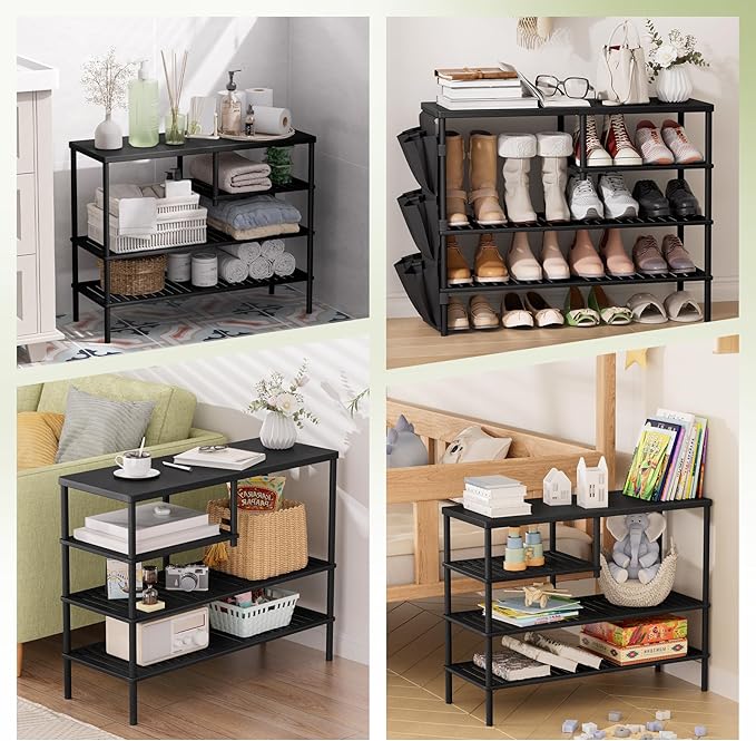 Bamboo Shoe Rack, 4 Tiers Shoe Organizer for Closet, Shoes Storage for 20-24 Pairs, Freestanding Shoe Shelf with Removable Pocket for Entryway Bedroom Front Door Dorm, Black