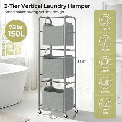 150L 3-Tier Vertical Laundry Hamper Sorter with Water-Resistant Removable Bag, Rolling Laundry Cart with Wheels & Brakes for Apartment, Dorm, Bathroom, Laundry Room, Grey