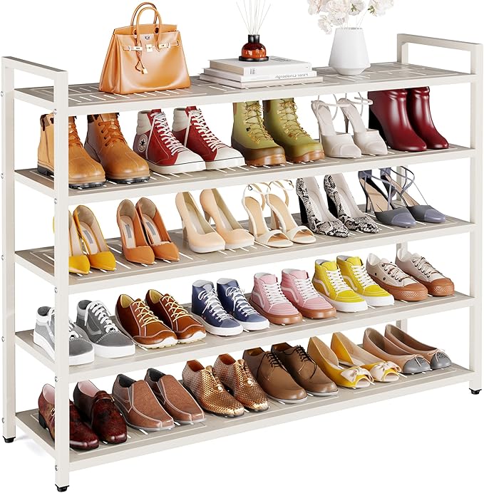 5-Tier Shoe Rack, Large Capacity Metal Free Standing Shoes Rack, Sturdy and Durable Shoe Organizer, Shoe Shelf for Closet, Entryway, Bedroom, for 28-30 Pairs, 42.1" W x 9.8" D x 35.4" H, White