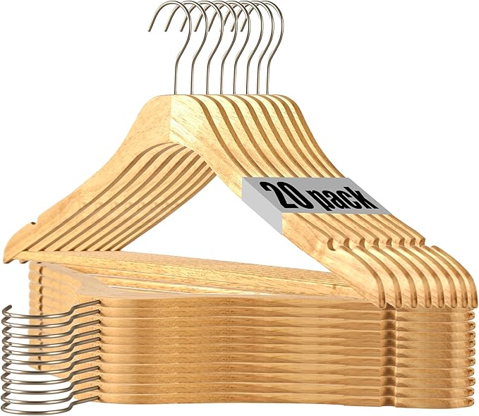 Wooden Natural Slim Solid Wood Coat Hangers,16.7inch Ultra Thin Space Saving Wooden Adult Hangers,Clothes 20 Pack Heavy Duty Suit with Pant Bar for Jacket Shirt Suit Pants