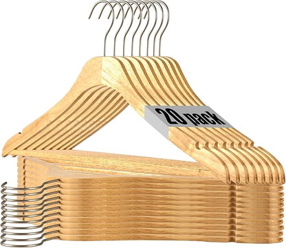Wooden Natural Slim Solid Wood Coat Hangers,16.7inch Ultra Thin Space Saving Wooden Adult Hangers,Clothes 20 Pack Heavy Duty Suit with Pant Bar for Jacket Shirt Suit Pants