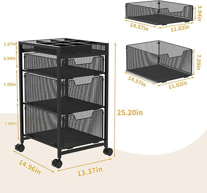 JKsmart Rolling Makeup Cart Organizer with 3 Drawers, Cosmetics Display with Dividers, Floor Skincare Storage with Wheels, Versatile Vanity Organizer for Nail Polish Perfume Brush Hair Tool, Black