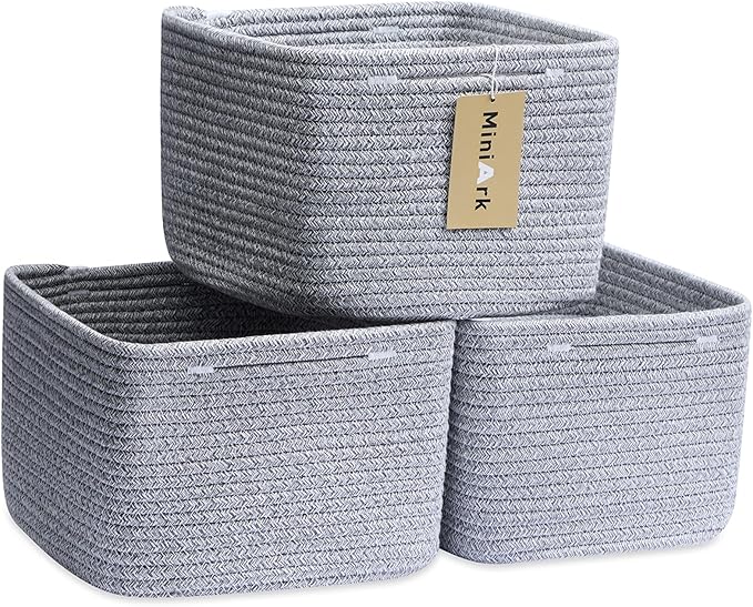 MiniArk Small Organizing Baskets for Cubes Shelf, 9.7x9.7x7.1 Inch Rope Woven Storage Bins for Nursery Shelves Storage, Cute Toy Basket, Square 3 Packs Mixed Grey