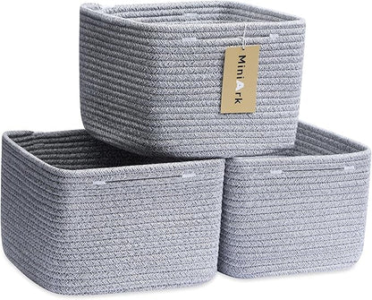 MiniArk Small Organizing Baskets for Cubes Shelf, 9.7x9.7x7.1 Inch Rope Woven Storage Bins for Nursery Shelves Storage, Cute Toy Basket, Square 3 Packs Mixed Grey