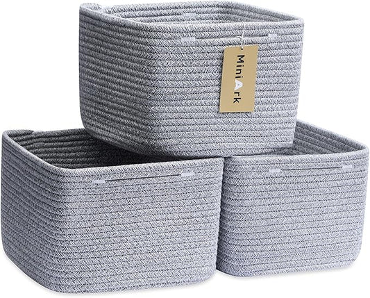 MiniArk Small Organizing Baskets for Cubes Shelf, 9.7x9.7x7.1 Inch Rope Woven Storage Bins for Nursery Shelves Storage, Cute Toy Basket, Square 3 Packs Mixed Grey