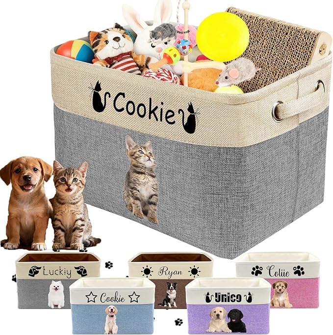 Personalized Dog Cat Toy Storage Basket with Pet's Name Custom Foldable Storage Box with Handles for Blankets Pet Stuff, Toys, Clothes