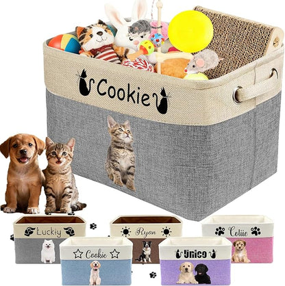 Personalized Dog Cat Toy Storage Basket with Pet's Name Custom Foldable Storage Box with Handles for Blankets Pet Stuff, Toys, Clothes