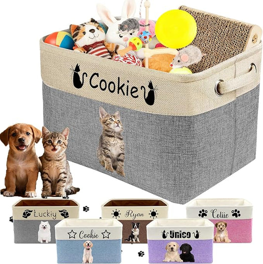 Personalized Dog Cat Toy Storage Basket with Pet's Name Custom Foldable Storage Box with Handles for Blankets Pet Stuff, Toys, Clothes