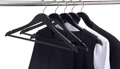 Quality Black Wooden Hanging Set - Curved Hangers with Stylish Chrome Hooks (Heavy-Duty, 10-Pack)