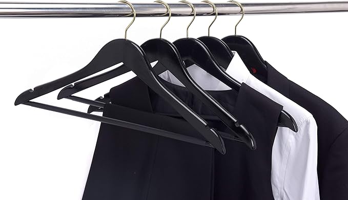 Quality Black Wooden Hangers - Slightly Curved Hanger Set of 20-Pack - Solid Wood Coat Hangers with Stylish Chrome Hooks - Heavy-Duty Clothes, Jacket, Shirt, Pants, Suit Hangers (Black-Gold Hook, 20)