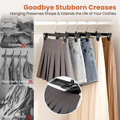 HOUSE DAY Pants & Skirt Hangers - 100 Pack Pants Hangers with Non-Slip Big Clips - Black Plastic Hanger for Shorts, Shirts, Jeans, Slacks, Clothes - Durable, Slim & Space Saving - 12 Inch