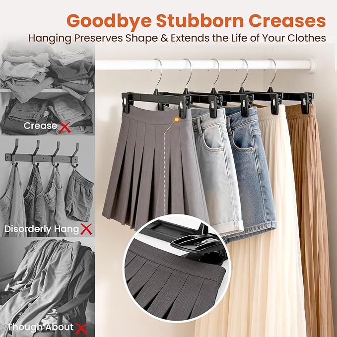 HOUSE DAY 30 Pack Pants Hangers - 12 Inch Plastic Hangers with Non Slip Clips for Skirts, Jeans, Shorts, Trousers - Space Saving Clip Hangers with 360-Degree Rotating Hook