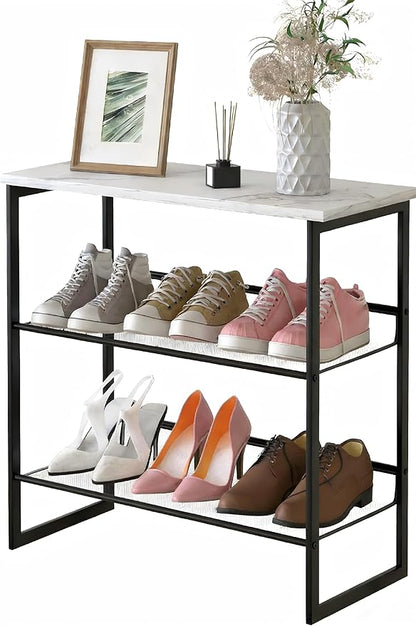 Garden 4 you Shoe Rack for Entryway 3 Tiers 11.8" D x 25" W x 20" H, Metal Shoe Rocks with White Wooden Tabletop, Angled Shoes Rack with Adjustable Mesh Shelves for Entryway Hallway Closet