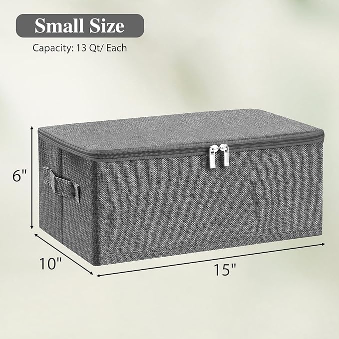 ANMINY 3PCS Storage Bins with Zipper Lids 13 Qt Lidded Fabric Storage Boxes Baskets Cubes with Handles Collapsible Washable Cotton Linen Closet Shelf Clothes Organizer Containers - Gray, Small