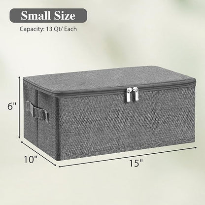 ANMINY 2PCS Storage Bins with Zipper Lids 13 Qt Lidded Fabric Storage Boxes Baskets Cubes with Handles Collapsible Washable Cotton Linen Closet Shelf Clothes Organizer Containers - Gray, Small