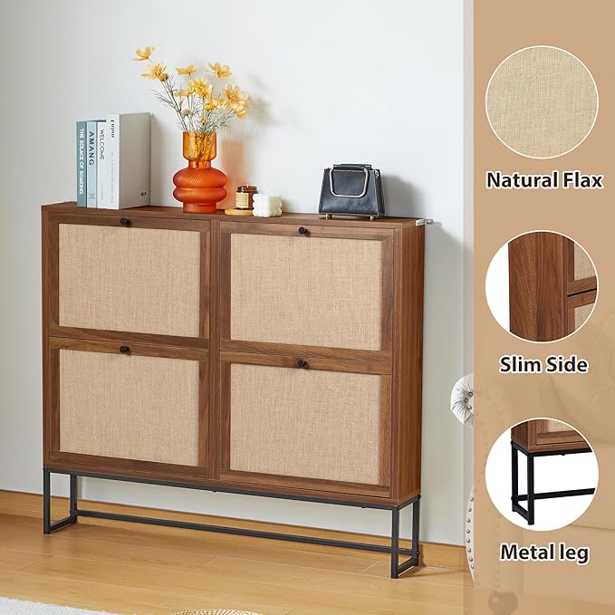 AVZEAR Narrow Shoe Storage Cabinet for Entryway with Natural Linen Panel, Freestanding Slim Shoe Cabinet with 4 Flip Drawers, Wood Shoe Organizer Closed Shoe Rack for Hallway, Living Room(Walnut)