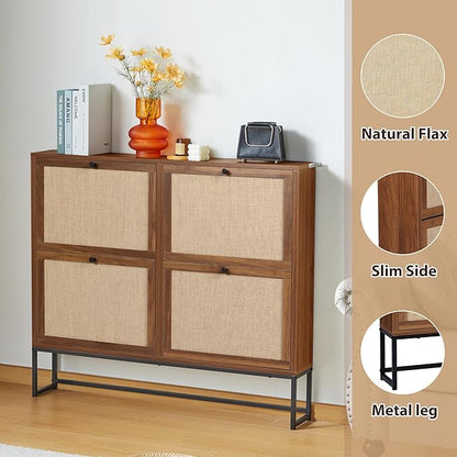 AVZEAR Narrow Shoe Storage Cabinet for Entryway with Natural Linen Panel, Freestanding Slim Shoe Cabinet with 4 Flip Drawers, Wood Shoe Organizer Closed Shoe Rack for Hallway, Living Room(Walnut)