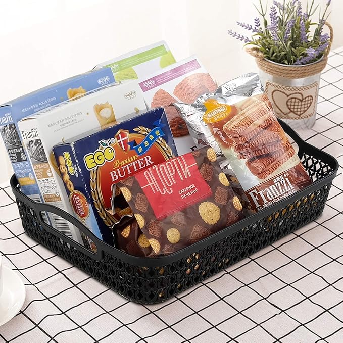 Large Plastic Shallow Storage Baskets Trays, Plastic A4 Desktop Basket, Black, 6 Packs