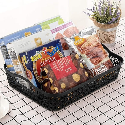 Large Plastic Shallow Storage Baskets Trays, Plastic A4 Desktop Basket, Black, 6 Packs