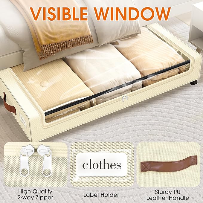 SpaceHacks Under Bed Storage with Wheels 2Pack Underbed Storage with Clear Window&Label Under Bed Drawers Large Capacity Rolling Under Bed Storage for Clothes,Shoes, Blankets (Beige)