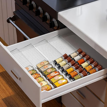 Yieach 8 Pack Adjustable In Drawer Spice Organizer - Expandable From 11'' to 22'' - Acrylic Drawer Seasoning Organizer,Clear Spice Organization Tray for Cabinet Drawers Condiment,Nail Polish and Jar