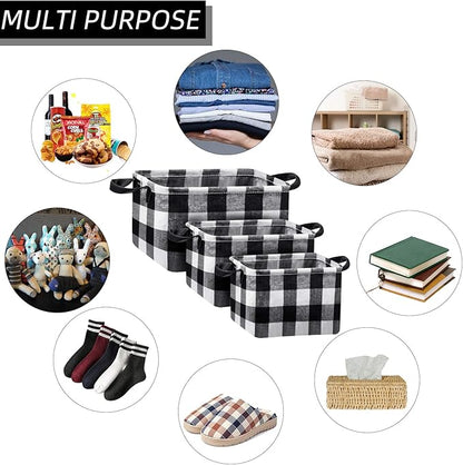 Boao 6 Pcs Buffalo Plaid Basket Square Storage Basket Black and White Buffalo Check Basket Bin Solid Storage Organizer with Handles Collapsible Square Organizer for Home Office