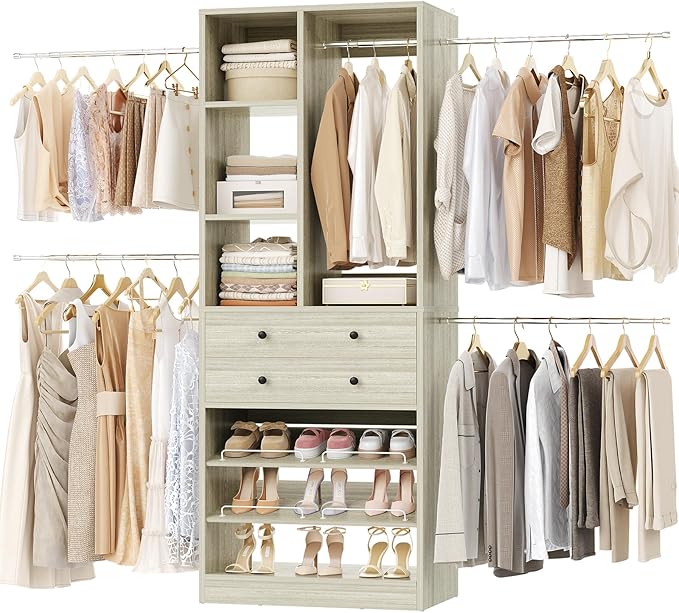 Besiost Closet System, 4.2–8.8 FT Closet Organizer with 2 Wooden Drawers and Shelves, Walk-in Closet System with 5 Hang Rods, Built-in Closet Tower, Can Fit 60 to 96 inch, Greige Oak