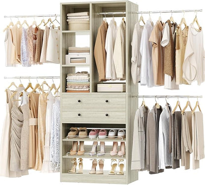 Besiost Closet System, 4.2–8.8 FT Closet Organizer with 2 Wooden Drawers and Shelves, Walk-in Closet System with 5 Hang Rods, Built-in Closet Tower, Can Fit 60 to 96 inch, Greige Oak