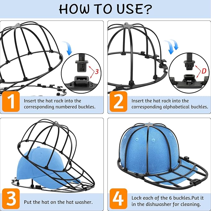 Hat Washer Cage for Baseball Caps Washing Machine Dishwasher Cap Cleaner Frame Washing for Adult Kids Ball Hats (Black-2 Pack)