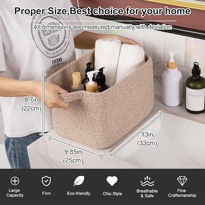 OIAHOMY Woven Storage Basket for Shelves, Rectangle Cotton Rope Baskets for Organizing, 13 x 10 x 9 in, Storage Bins for Dog Toys,Towel,Books,Gift,Brown