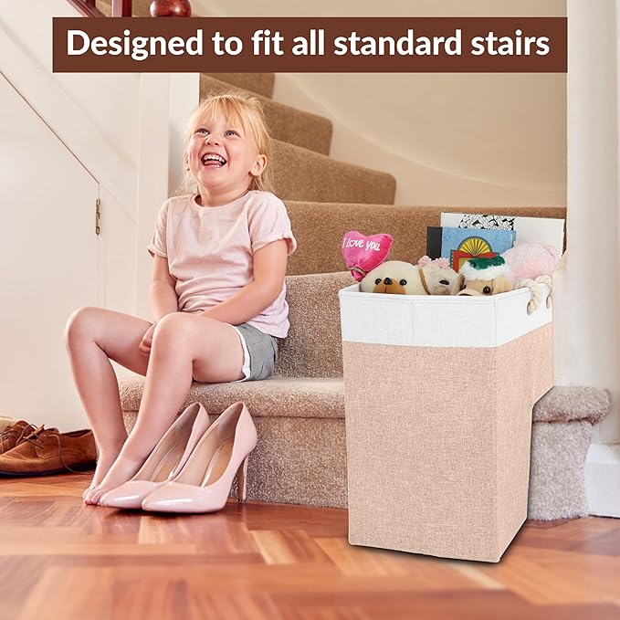 SAM AND MABEL Stair Baskets for Carpeted and Wooden Stairs – 16”L x 10”W x 16”H Foldable Staircase Basket with Handles, Stair Step Storage Organizer (Warm Beige and White)