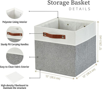 DECOMOMO Fabric Cube Storage Bins - Storage Baskets for Shelves, Cube Storage Organizer for Kallax and Cubbies (Grey & White, 12 inch Cube) - 4 Pack